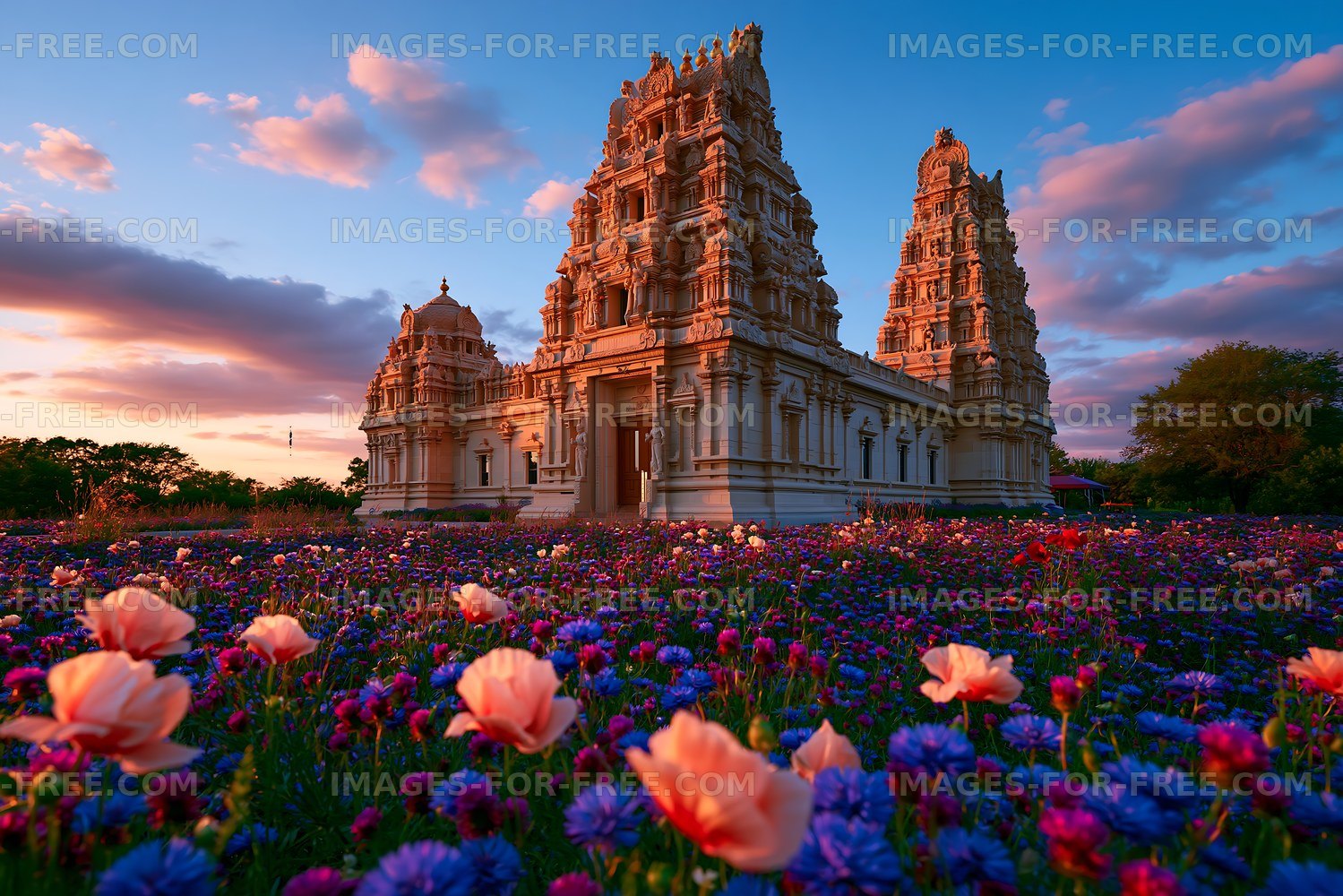 Temple surrounded by flowers during sunset
