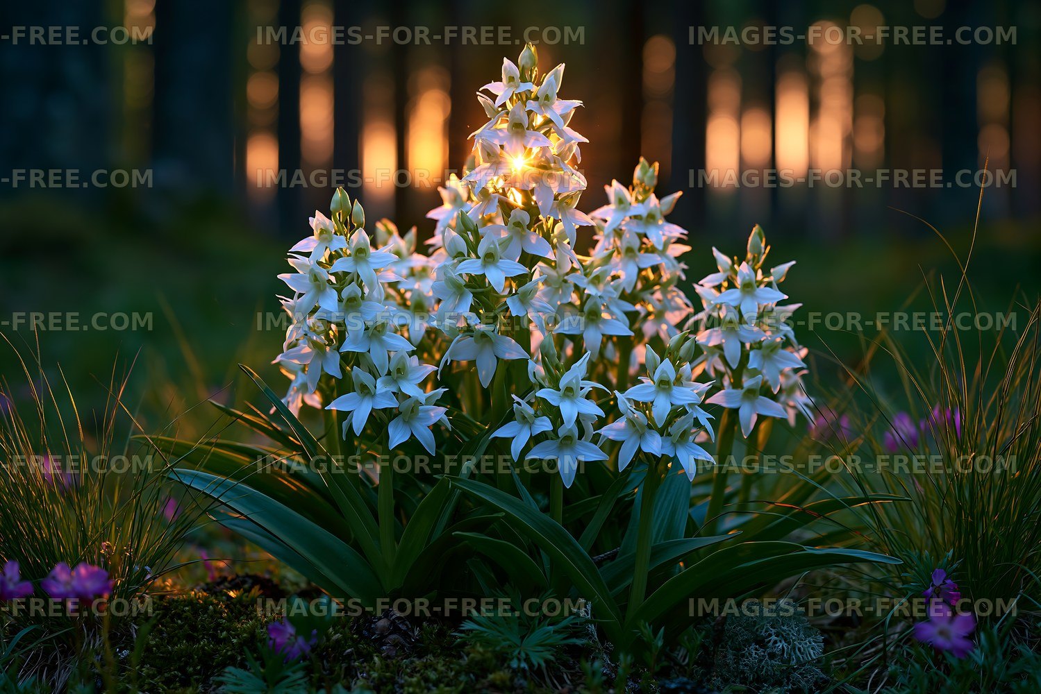 Beautiful white flowers growing in a forest during sunset