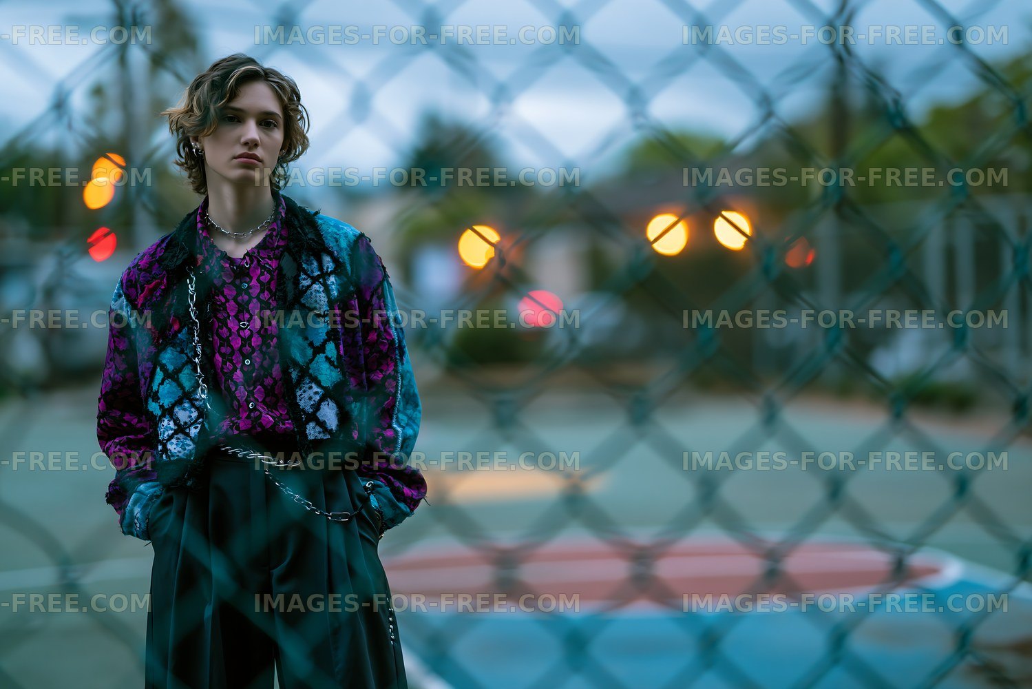 Young person poses on a basketball court in the evening light
