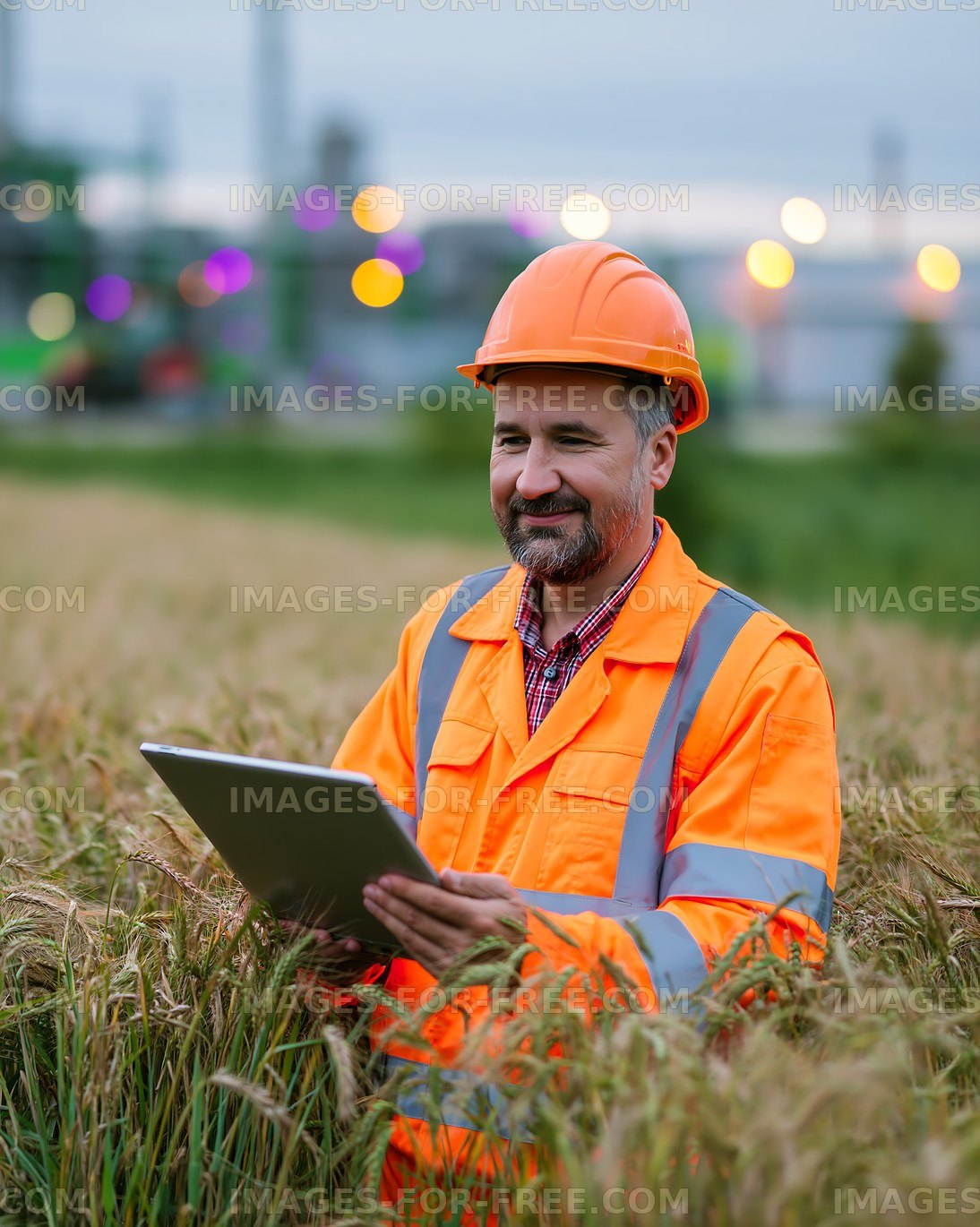 Worker in orange safety jacket using tablet in wheat field