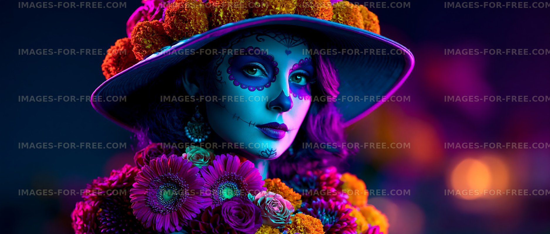 Woman in colorful costume with face paint and floral headpiece