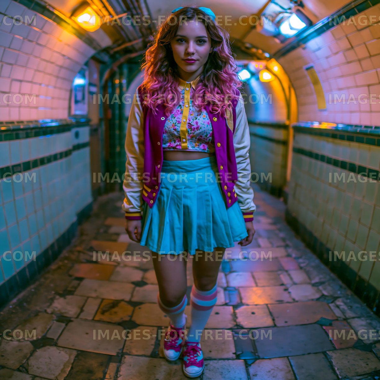 Young woman walks through a vintage subway tunnel