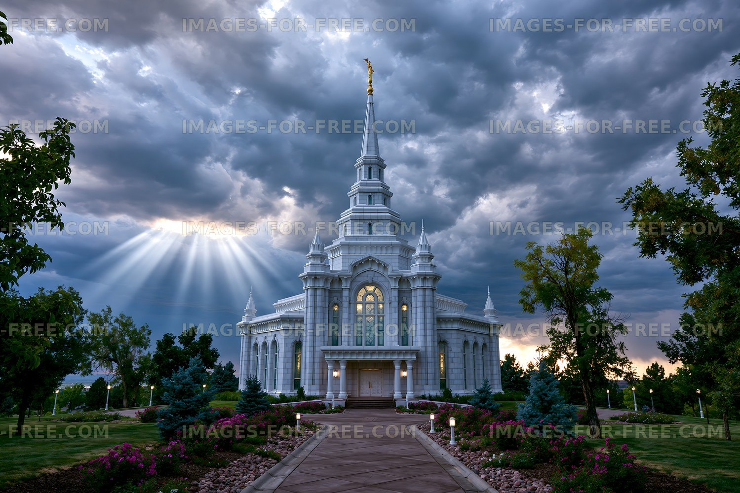 Cloudy sky over a large white building in a park setting