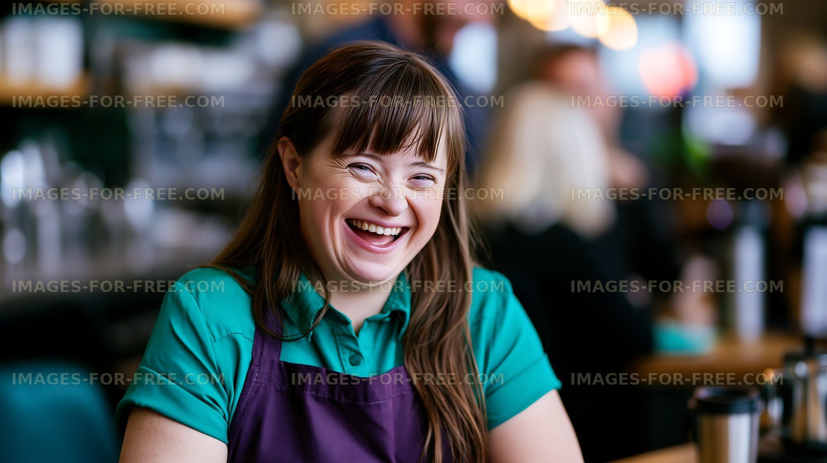 Barista smiles while serving coffee in a cafe