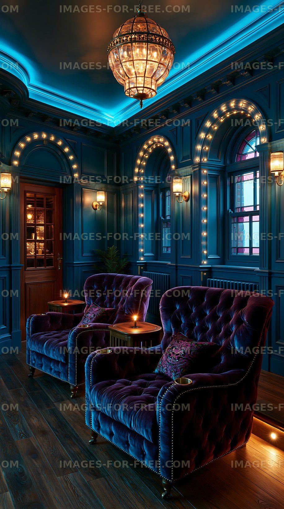 Cozy sitting area with two purple chairs and soft light