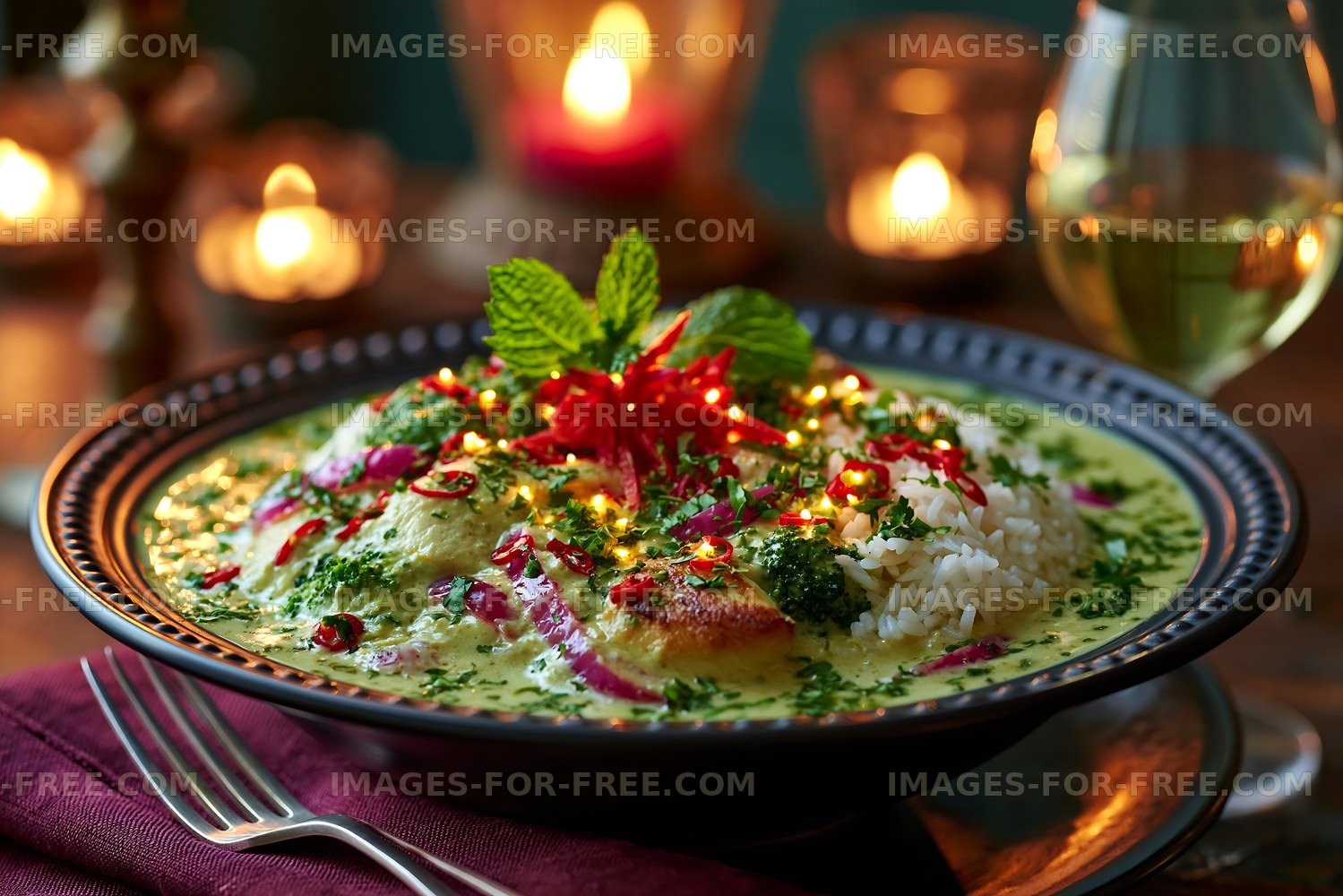 Delicious meal served on a dark plate with rice and herbs