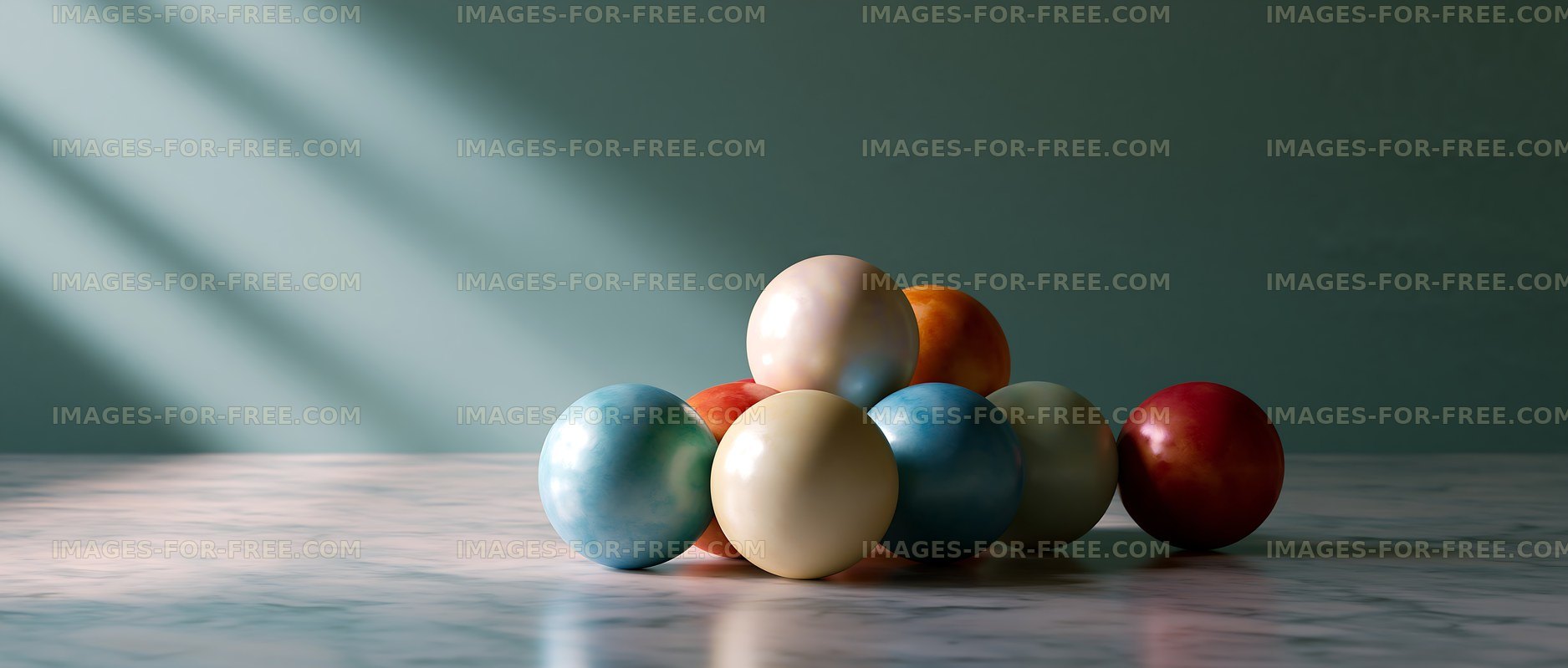 Colored wooden balls stacked on a marble surface in soft light