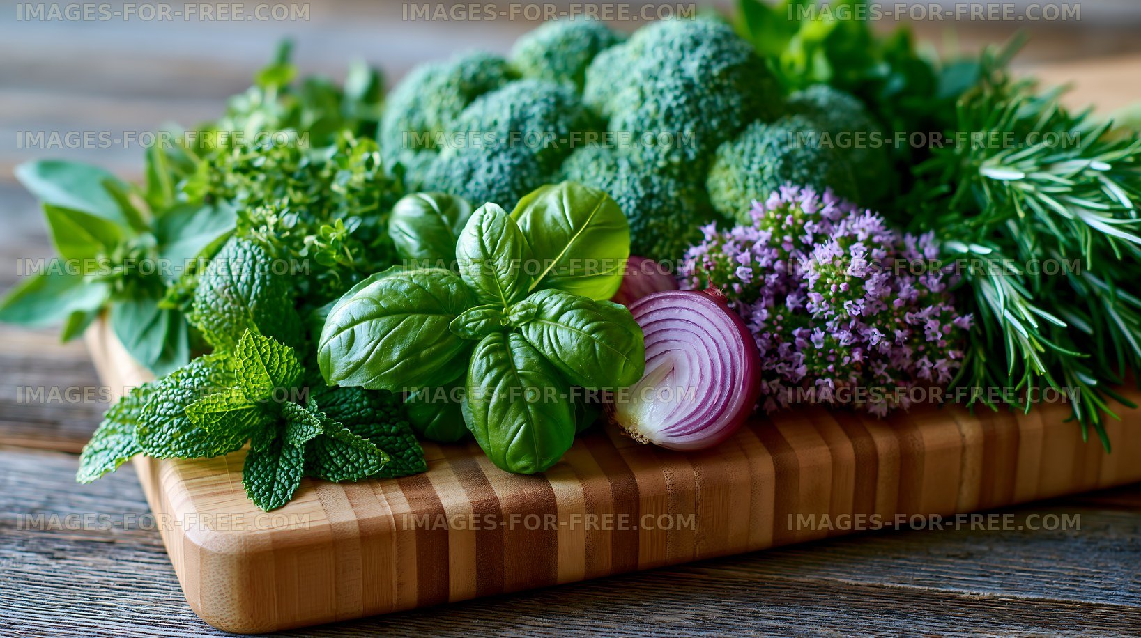 Variety of fresh herbs and vegetables on a wooden cutting board