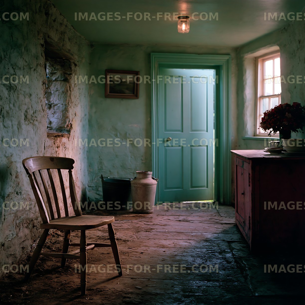 Light entering a simple hallway with a wooden chair and plants