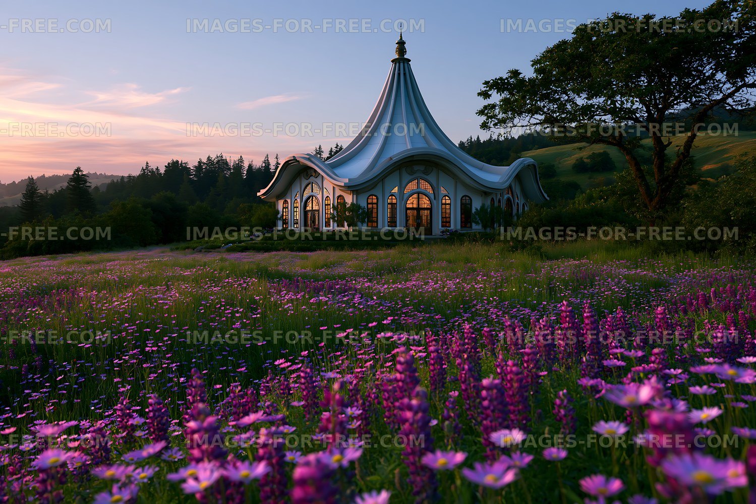 Sunset over unique building surrounded by blooming flowers