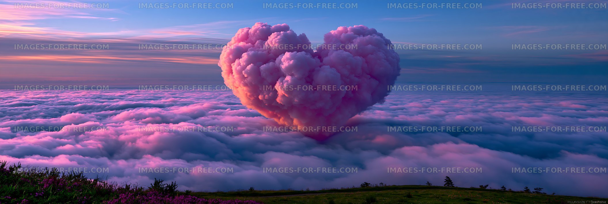 Clouds forming a heart shape over purple sky at sunset
