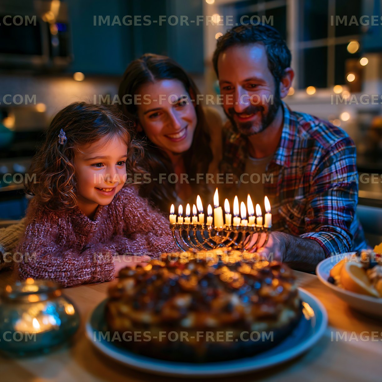 Family celebration with candles and dessert at home