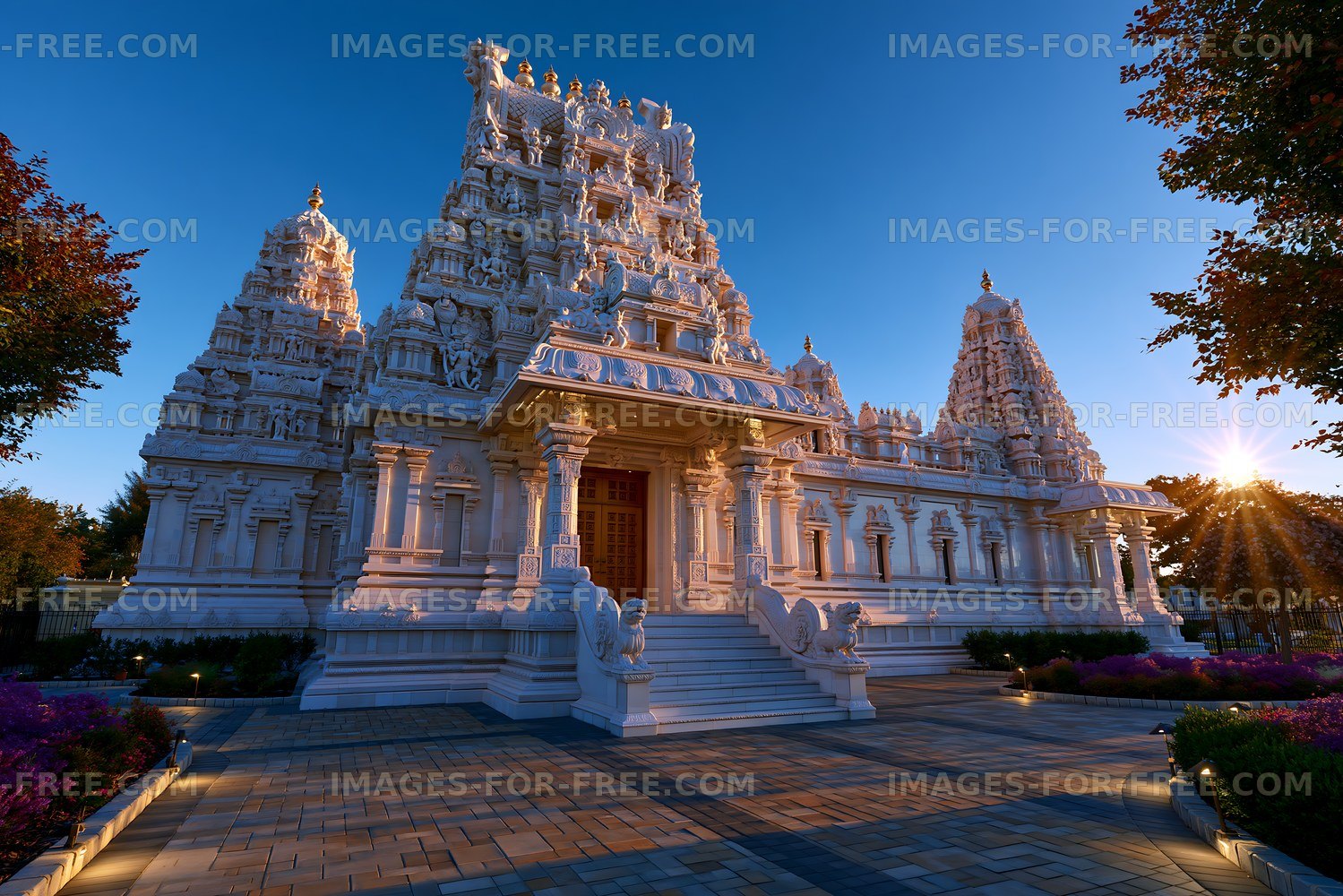 Temple at sunset with intricate architecture and surrounding gardens