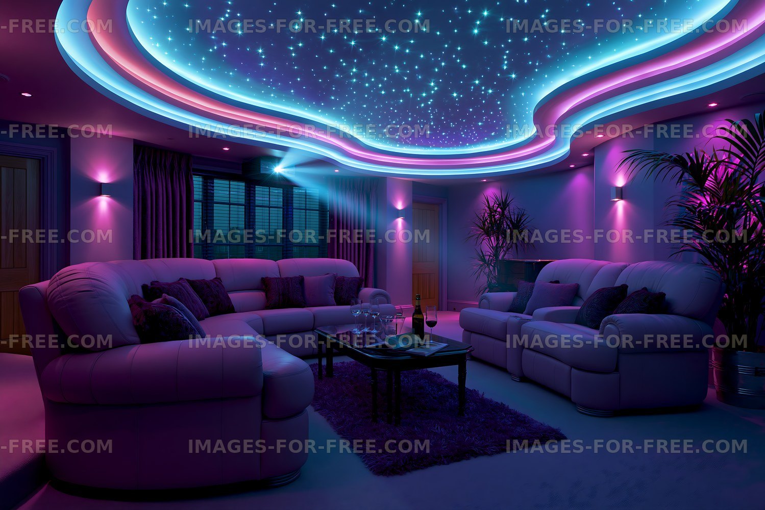 Modern living room with colorful ceiling lights