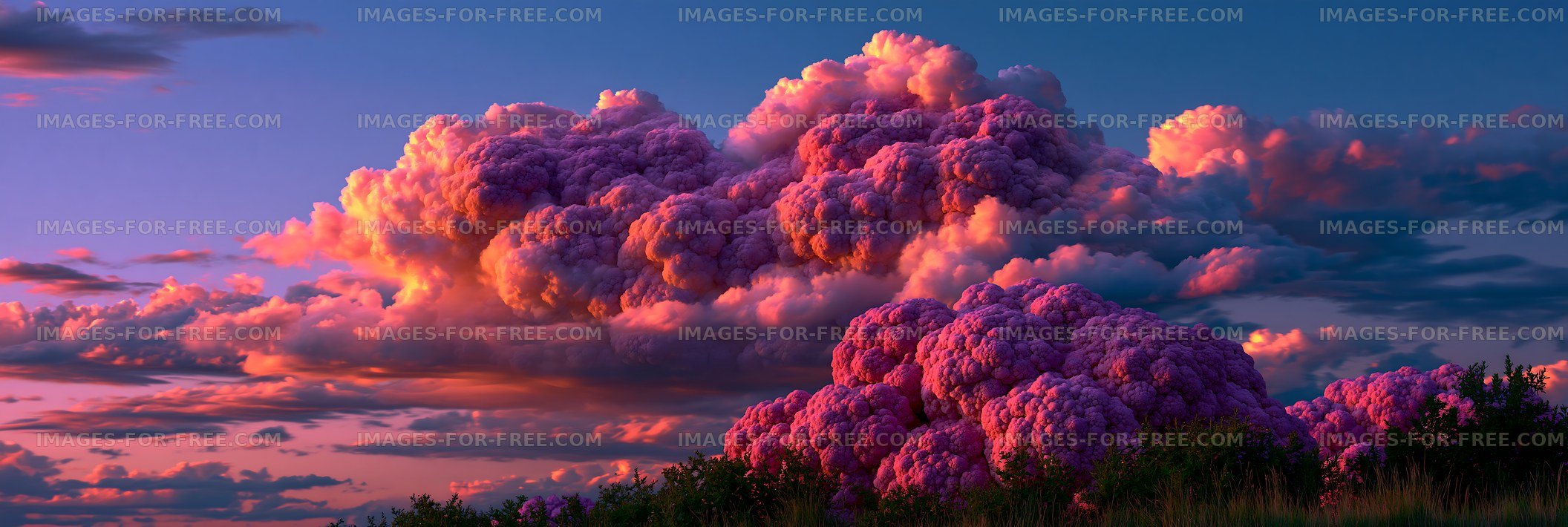 Colorful clouds at sunset over a field
