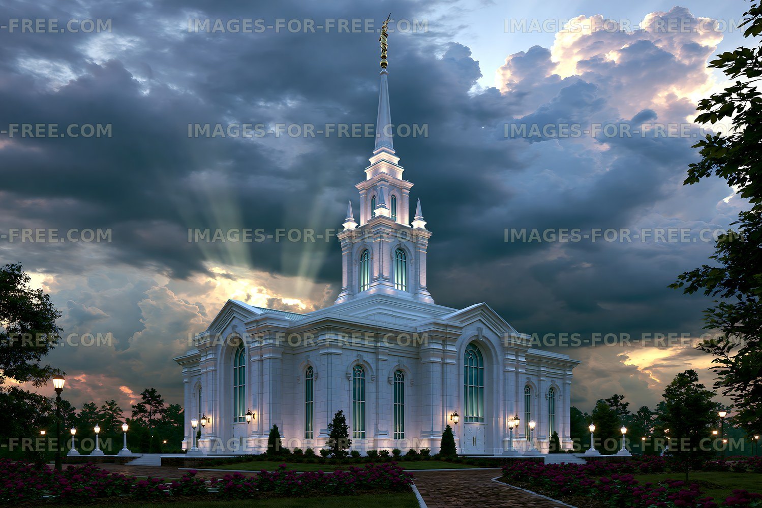 Beautiful white church under dramatic sky at sunset
