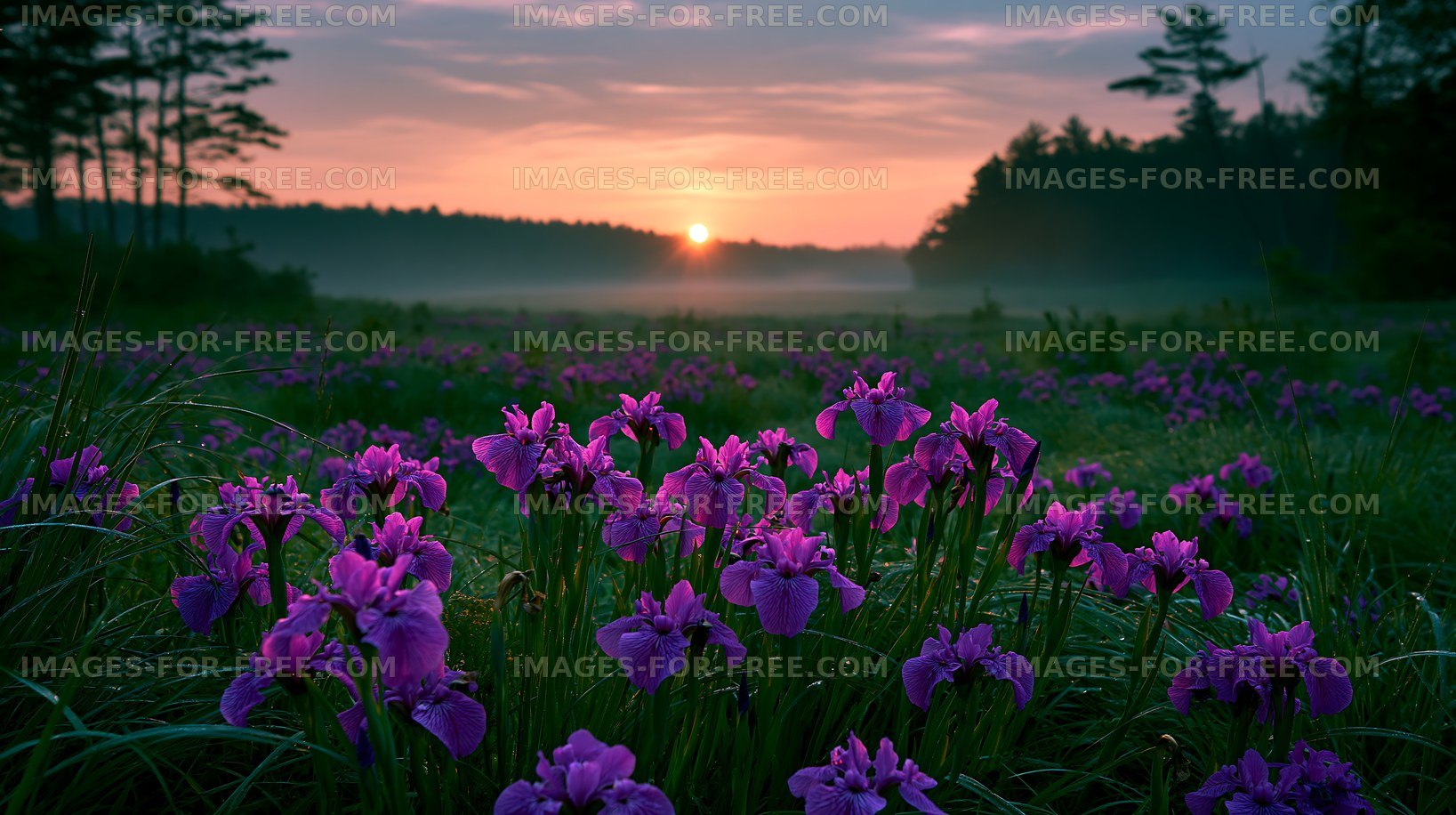 Sunrise over purple flowers in a field with trees in the background