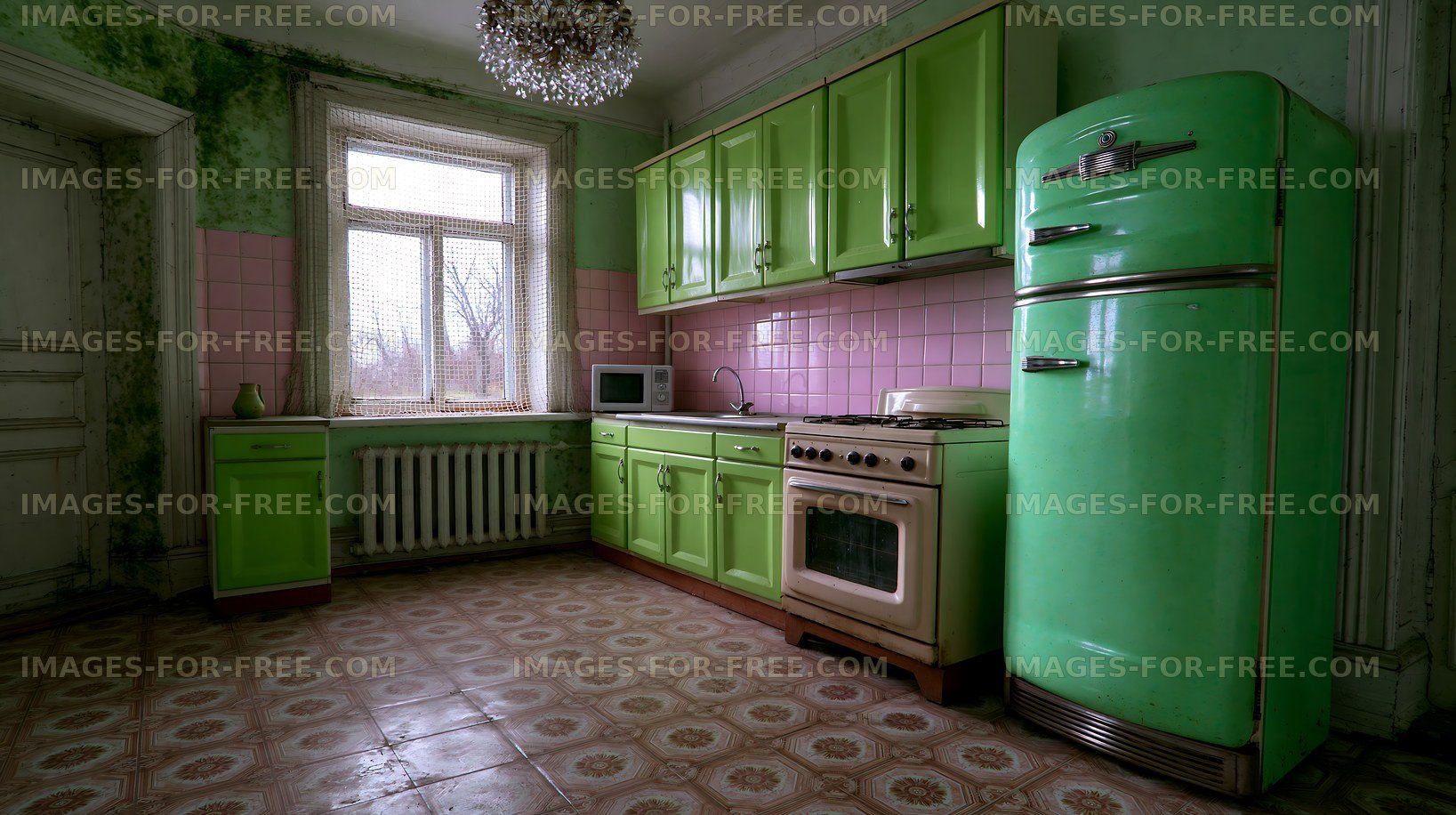 Old kitchen with green cabinets and vintage appliances