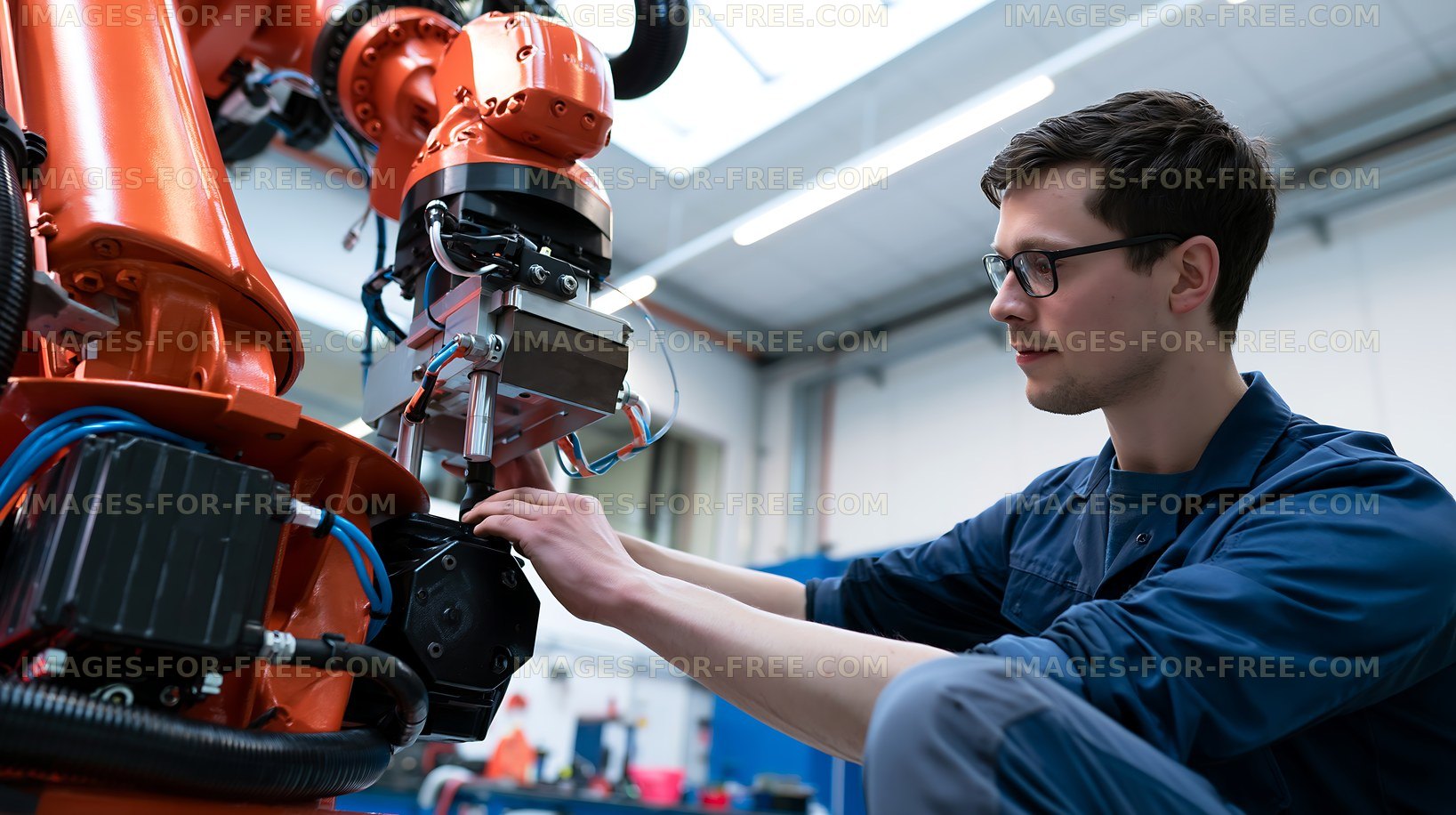 Technician working on a robotic arm in an industrial setting
