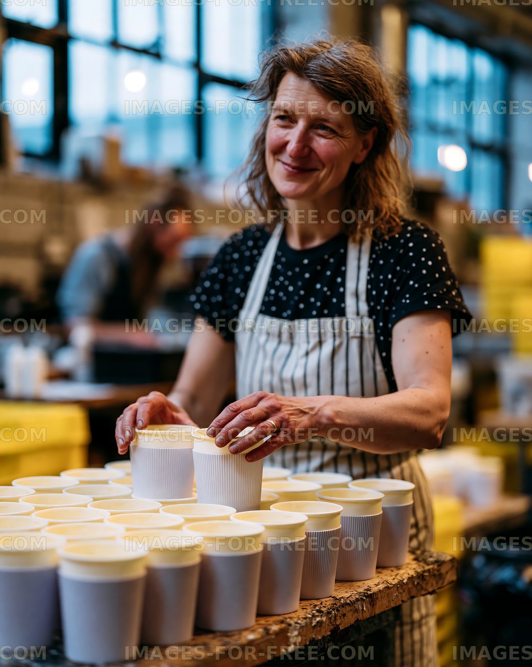 Barista arranging cups in a coffee shop setting