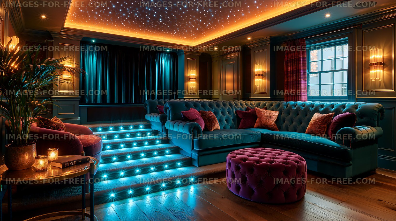Stylish living room with blue couch and bright starry ceiling