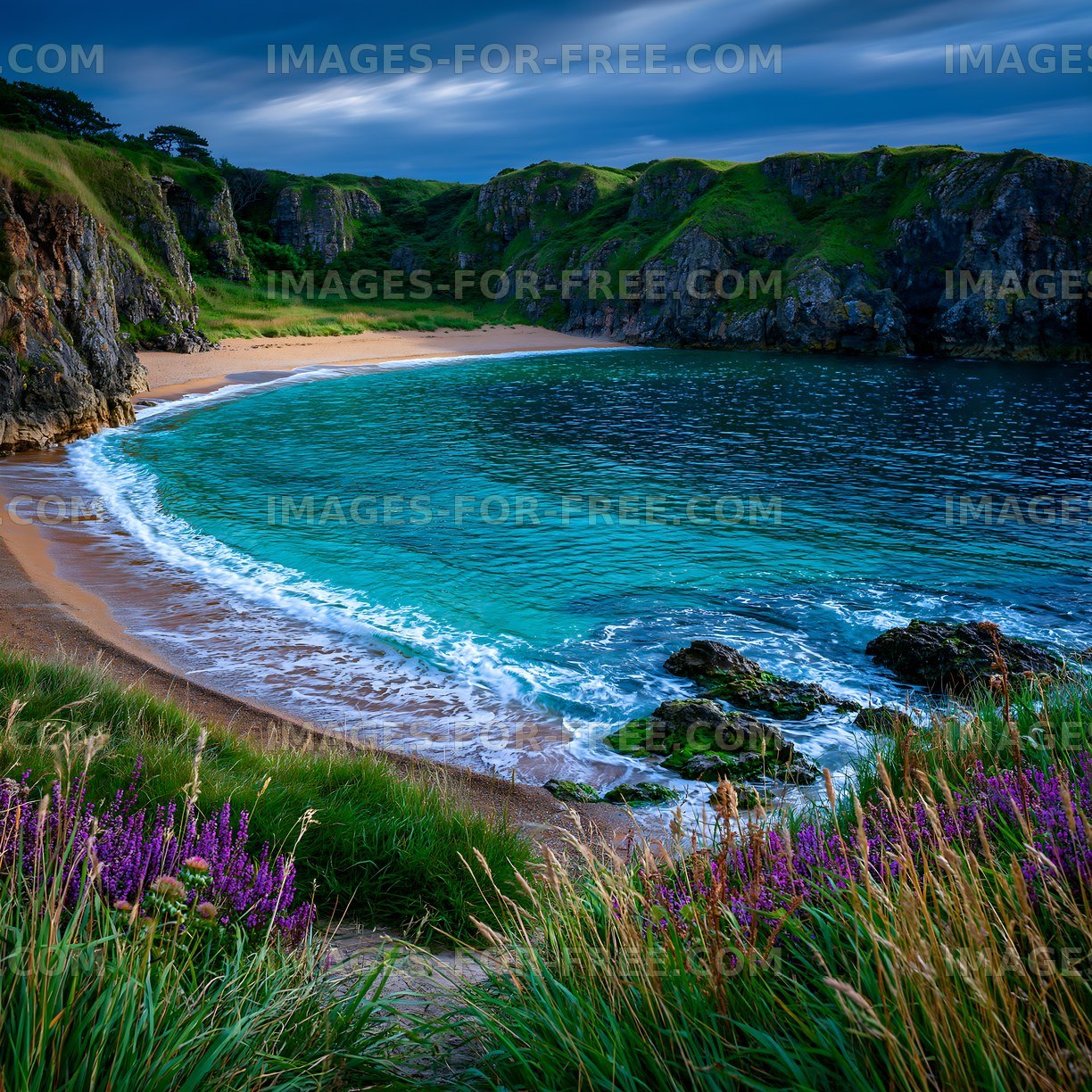 Coastal view with sandy beach and rocky shoreline