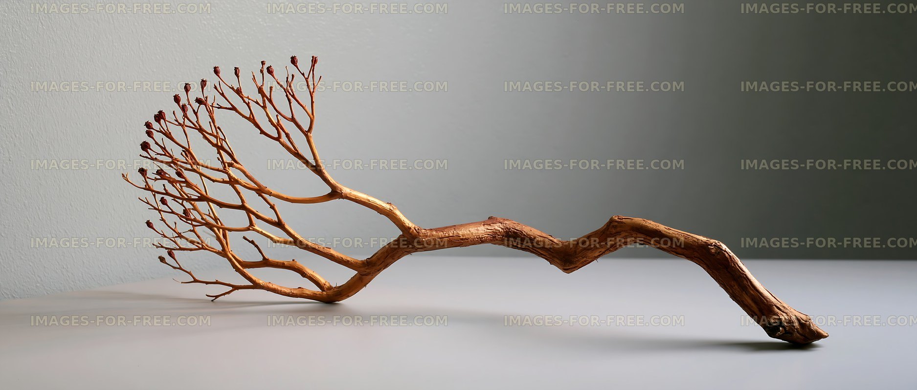 Twisted branch with dried flowers arranged on a flat surface