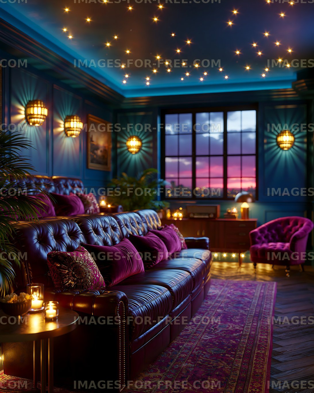 Cozy living room with starry ceiling and sunset view