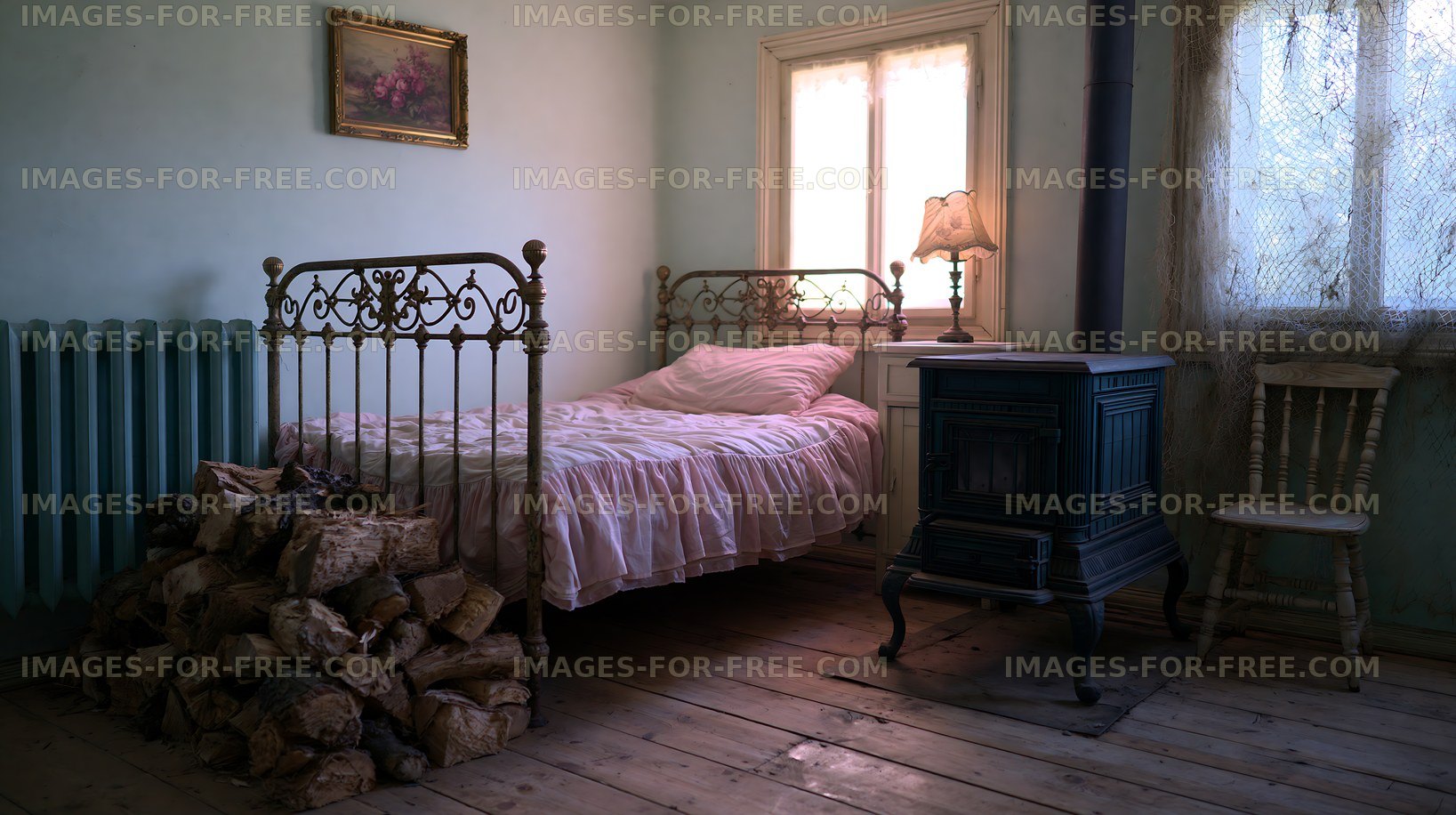 Old bedroom with a bed, lamp, and wooden furniture