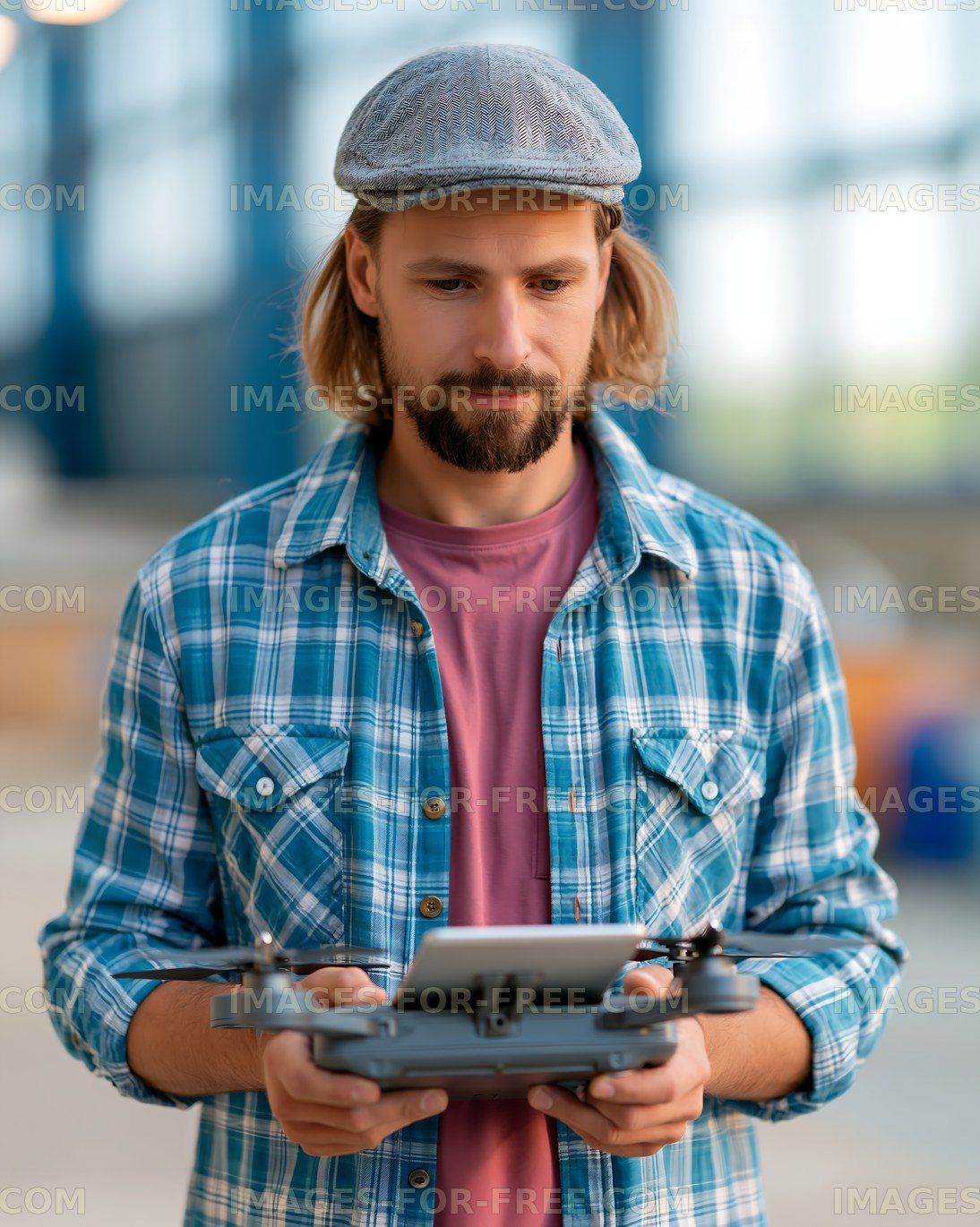 Man operates a drone indoors with a controller in hand