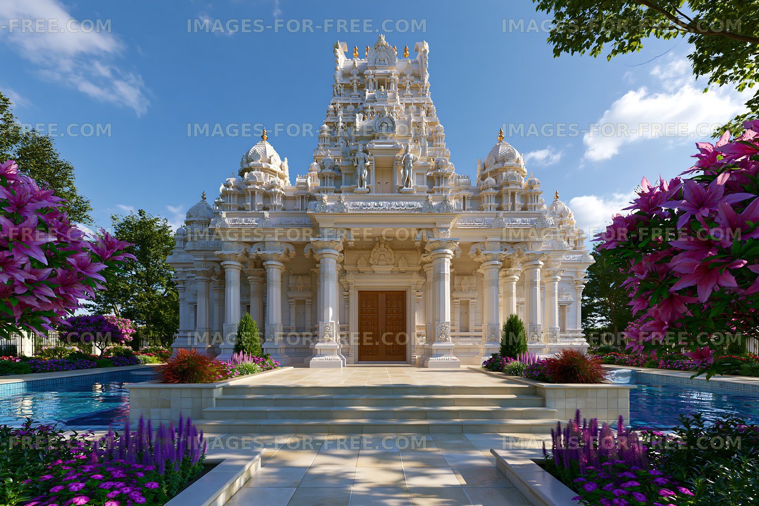 Beautiful temple structure surrounded by flowers and a pond