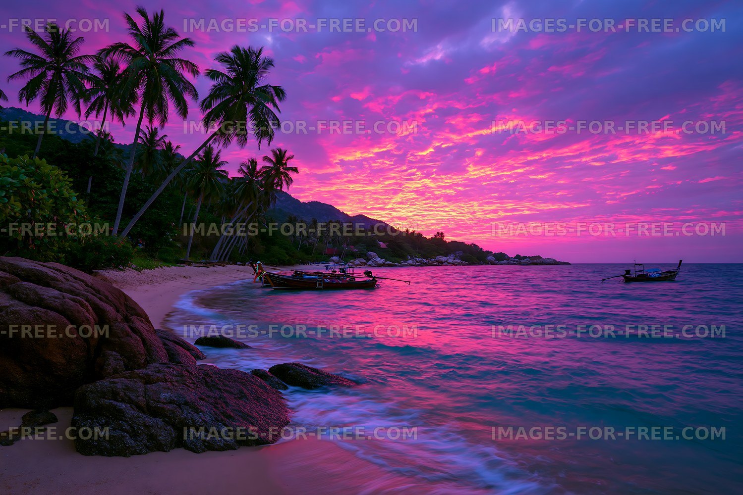 Sunset at a beach with palm trees and boats on the water