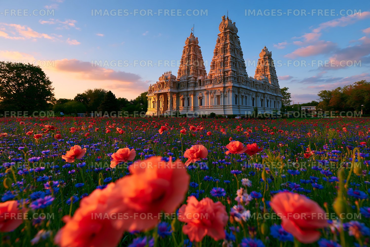 Colorful flowers in front of an ornate temple at sunset
