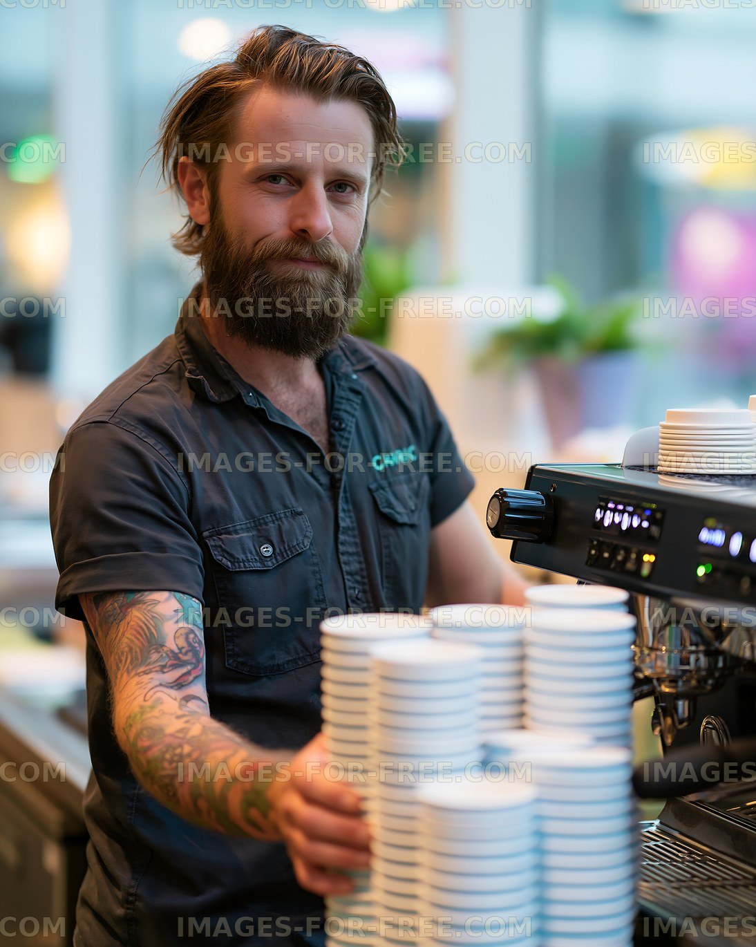Barista working with coffee cups in a cafe environment