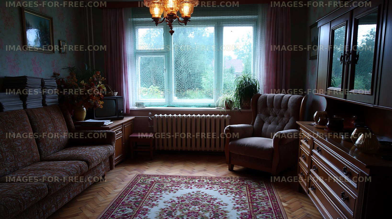 Cozy living room with a view of the garden on a cloudy day