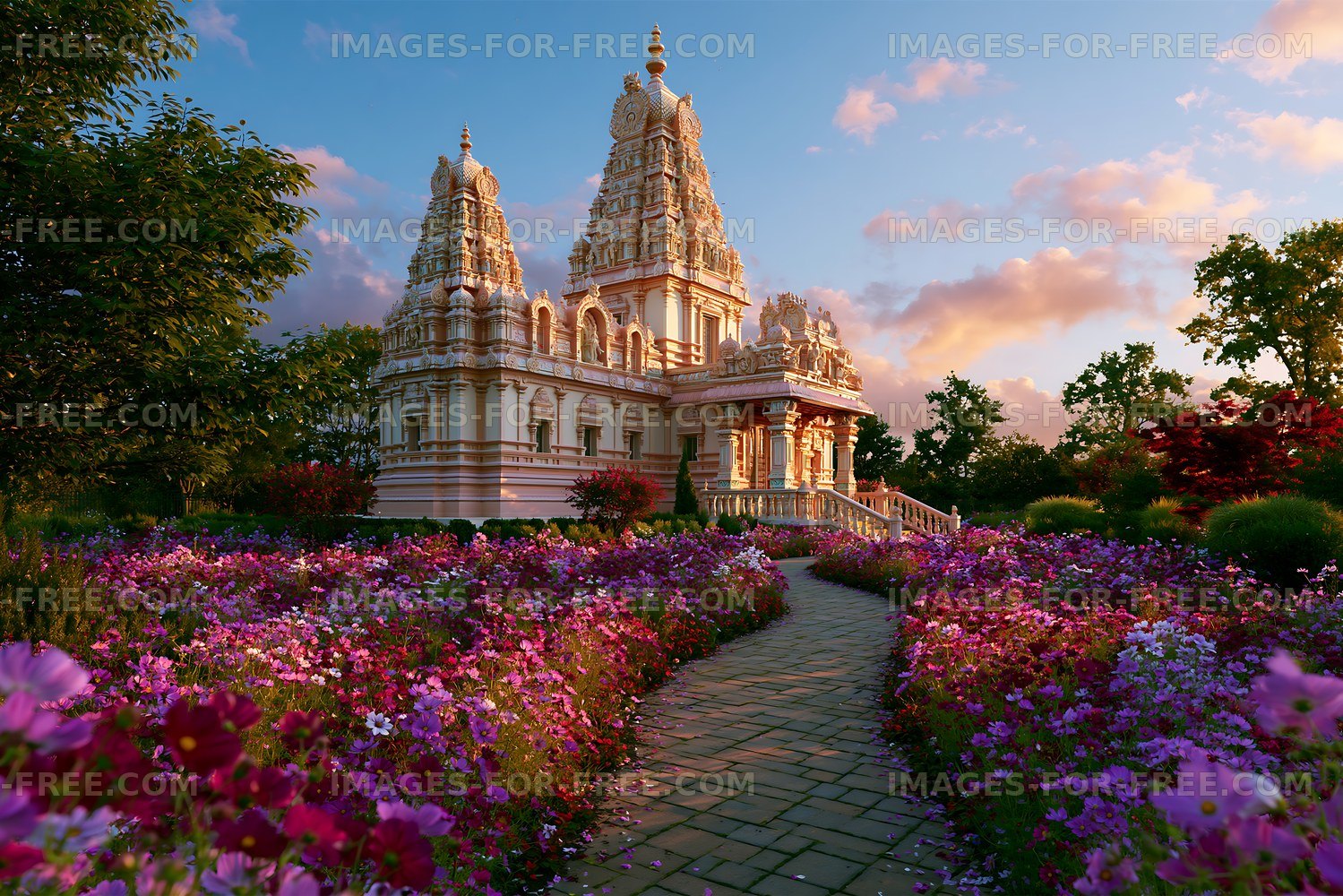 Beautiful temple surrounded by flowers under a colorful sky