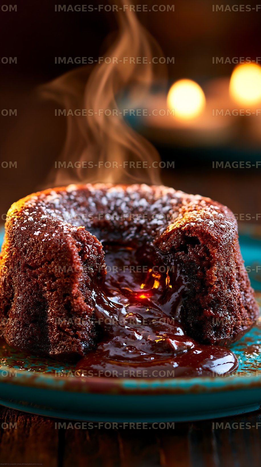 Chocolate lava cake with melting center served on a blue plate