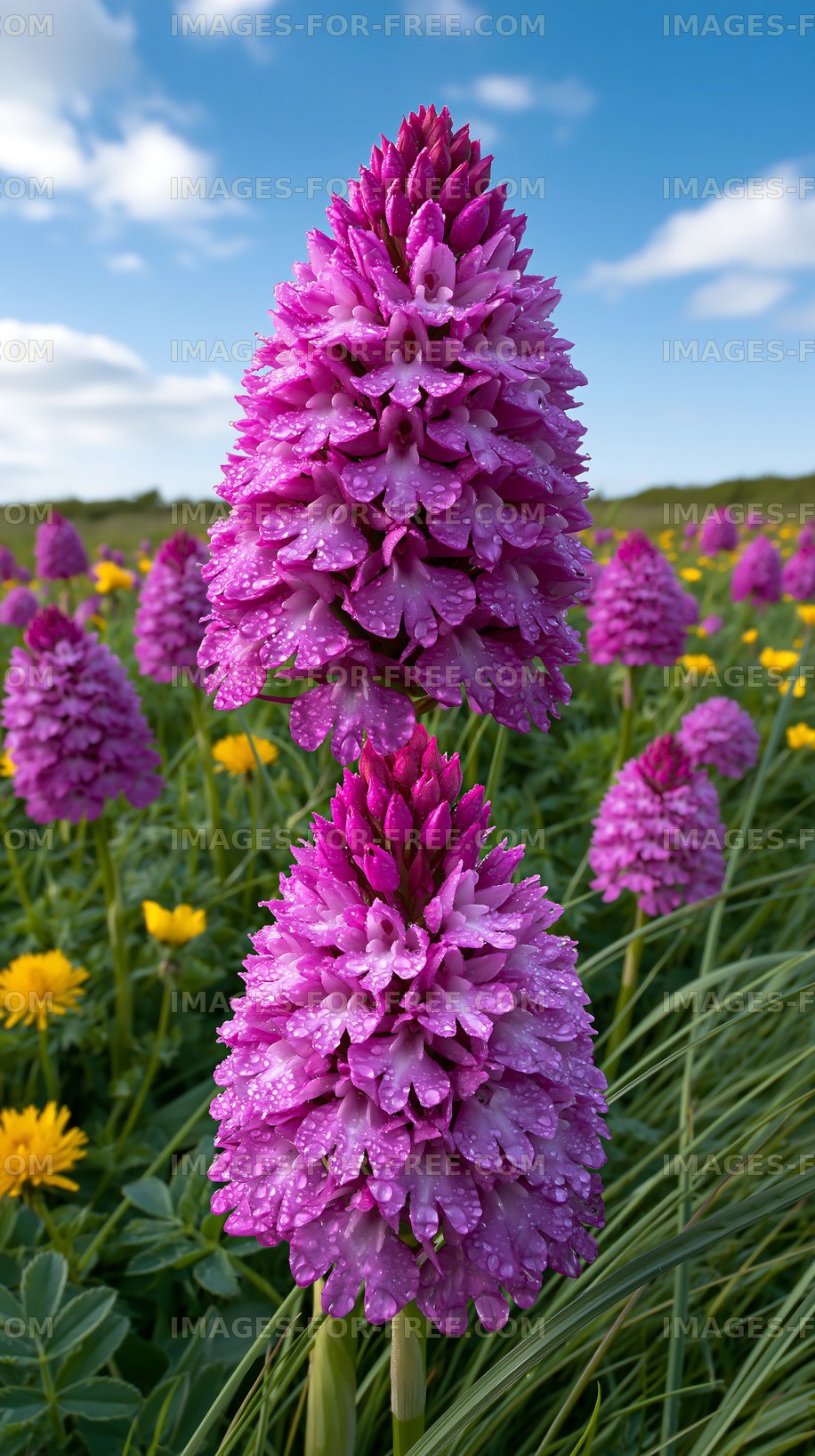 Purple flowers surrounded by yellow blooms in a green field