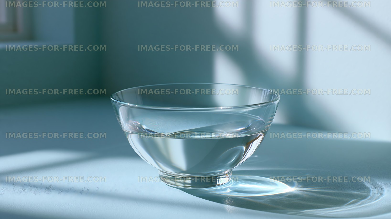 Clear bowl with water on a table in sunlight