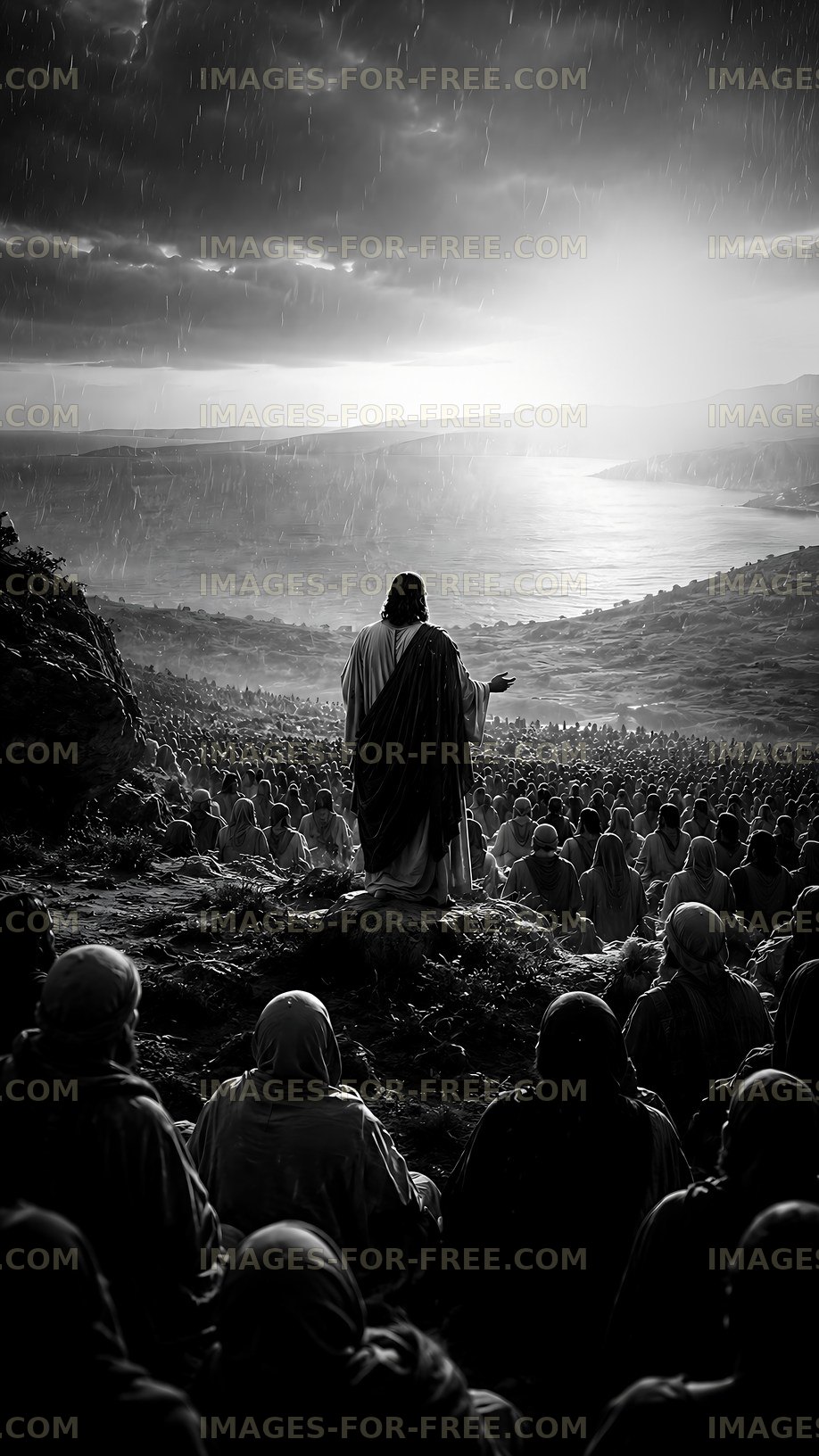 Crowd listening to figure on a hill during rain