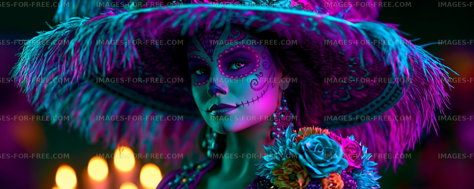 Day of the Dead celebration with woman in colorful costume