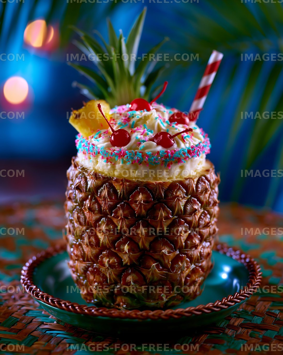 Pineapple drink with cream and cherries served on a green plate