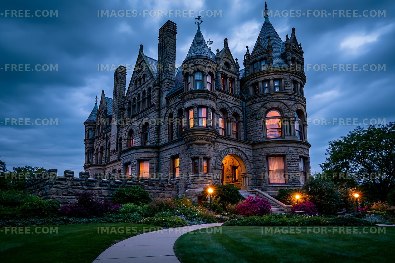 Historic castle with towers and windows at dusk