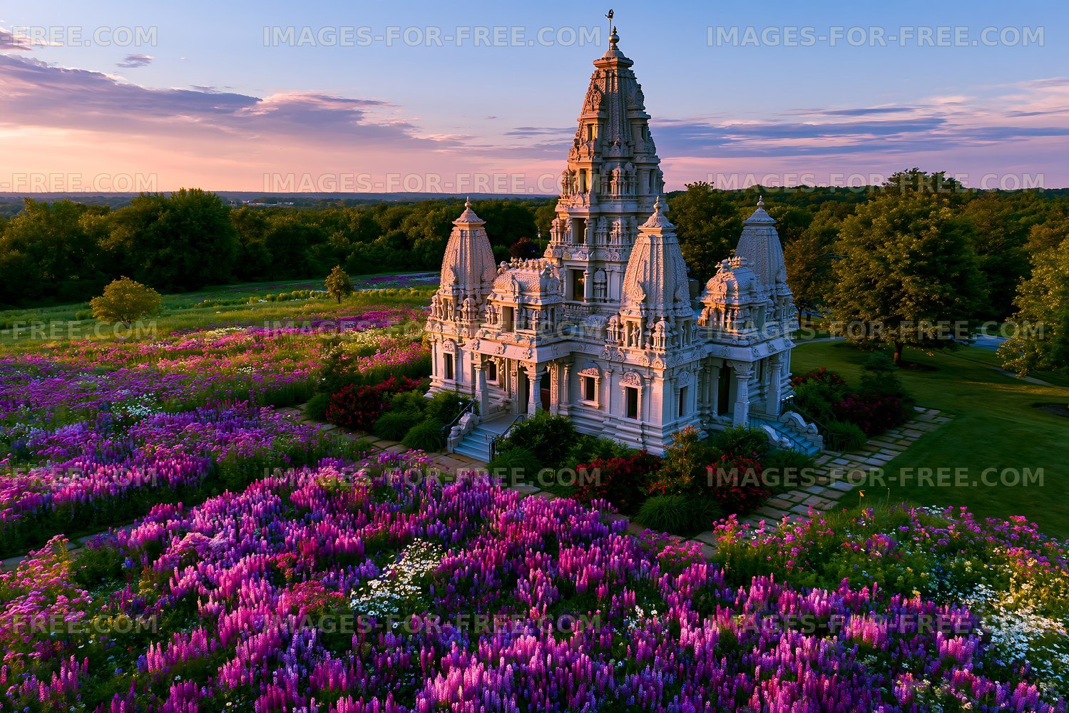 Sunset over a temple surrounded by a field of flowers