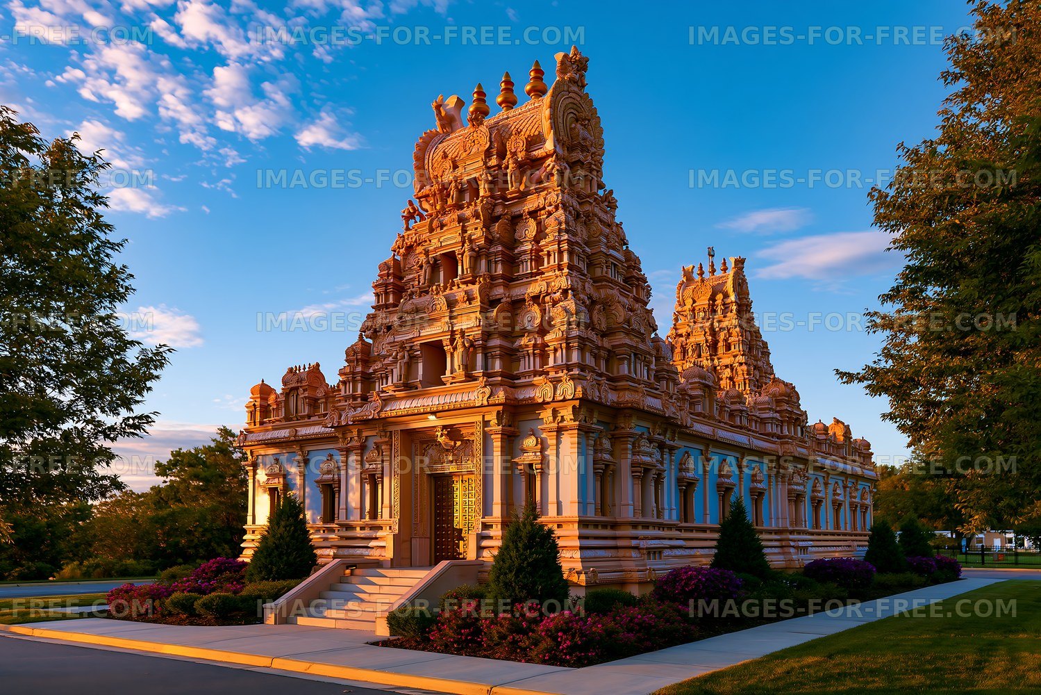Temples in the park during sunset with clear blue skies