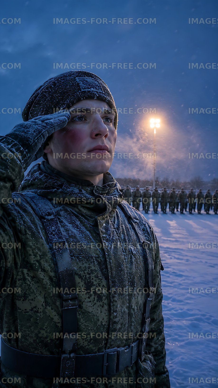 Soldier saluting during winter training in snowy environment