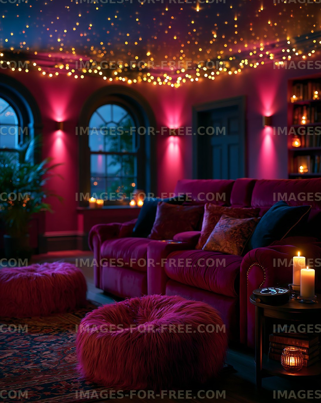 Cozy living room with vibrant decor and warm lighting