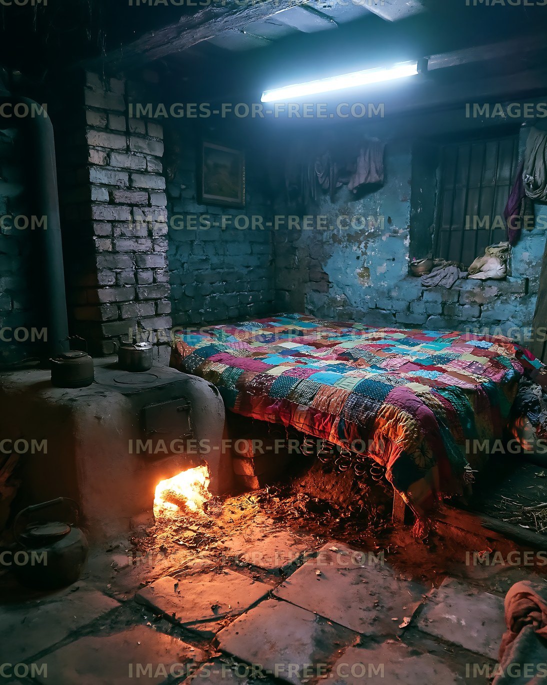 Room with a bed and a stove in a rustic setting