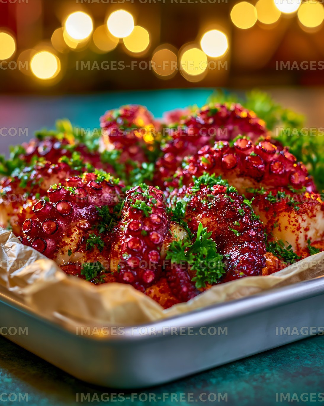 Octopus dish served on a tray with herbs and garnish