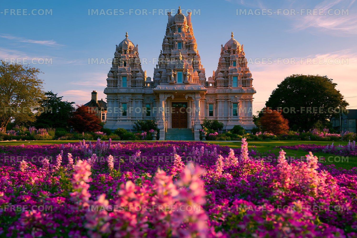 Temple surrounded by flowers during sunset in a garden